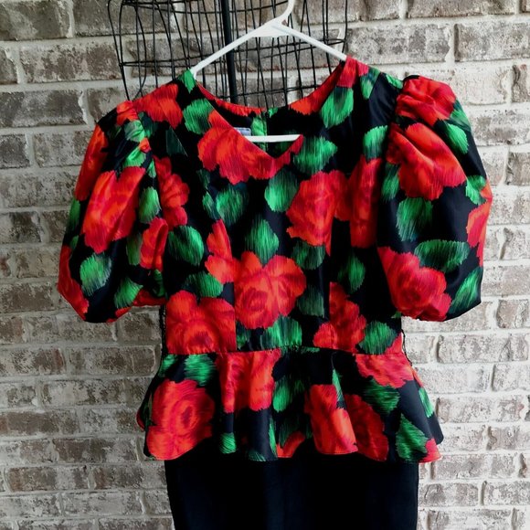 Mr. Mort Dress Black Red Floral Puff Sleeves Wedding Party Art Deco VTG… - Picture 9 of 14